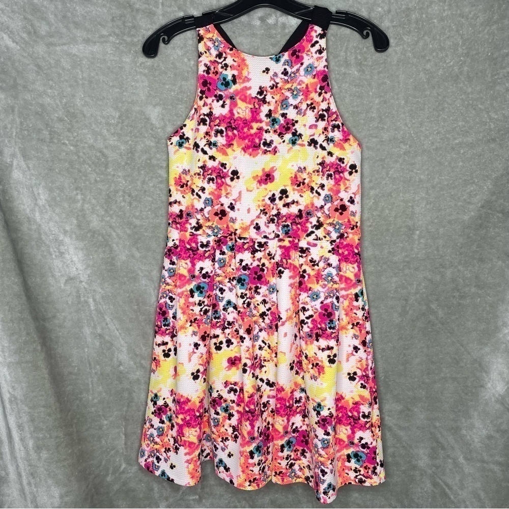 SO Spring Floral Fit & Flare Dress Large Criss Cross Back Sleeveless Mini Pink